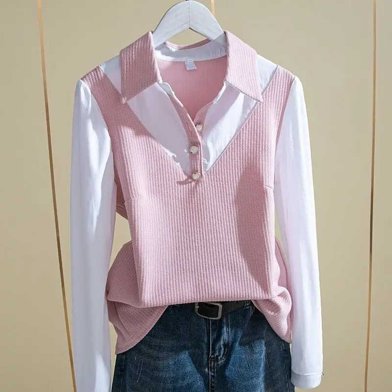 

White shirt women matching vest sweater autumn new loose fake two-piece knitted waistcoat stitching shirt for outer wear