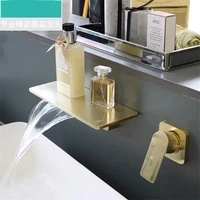 soild brass bathroom basin faucet sink mixer hot cold in wall single handle 2 holes lavatory crane waterfall taps brushed gold