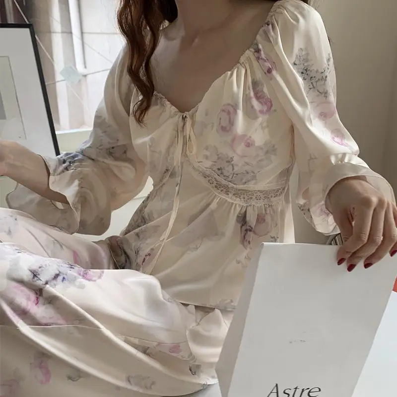2PCS Sleepwear Set Spring Autumn Pajamas Long Sleeve Trouser Pijamas Suit Print Flower Silk Satin Home Clothes Loose Loungewear