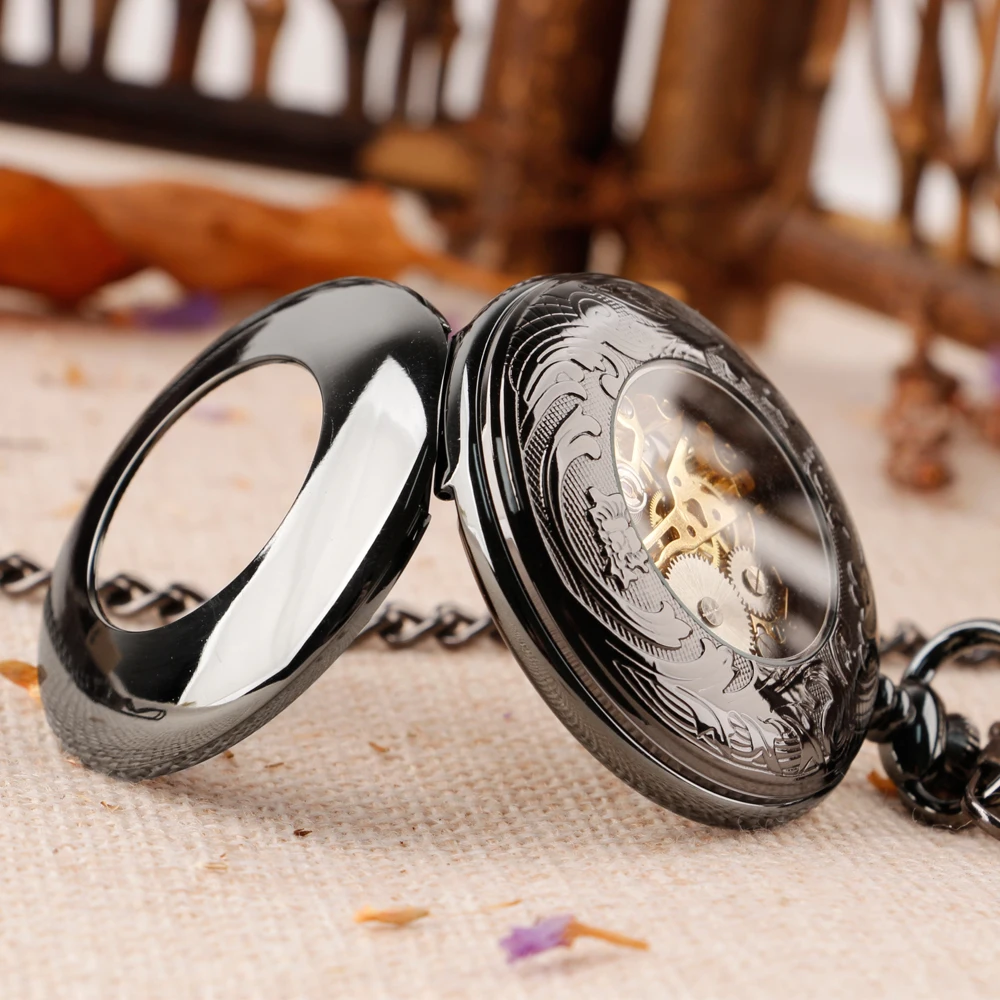 Fashion Black Smooth Transparent Glass Cover Pocket Watches Mechanical For Men Women Steampunk Vintage Necklace With Chain Gifts