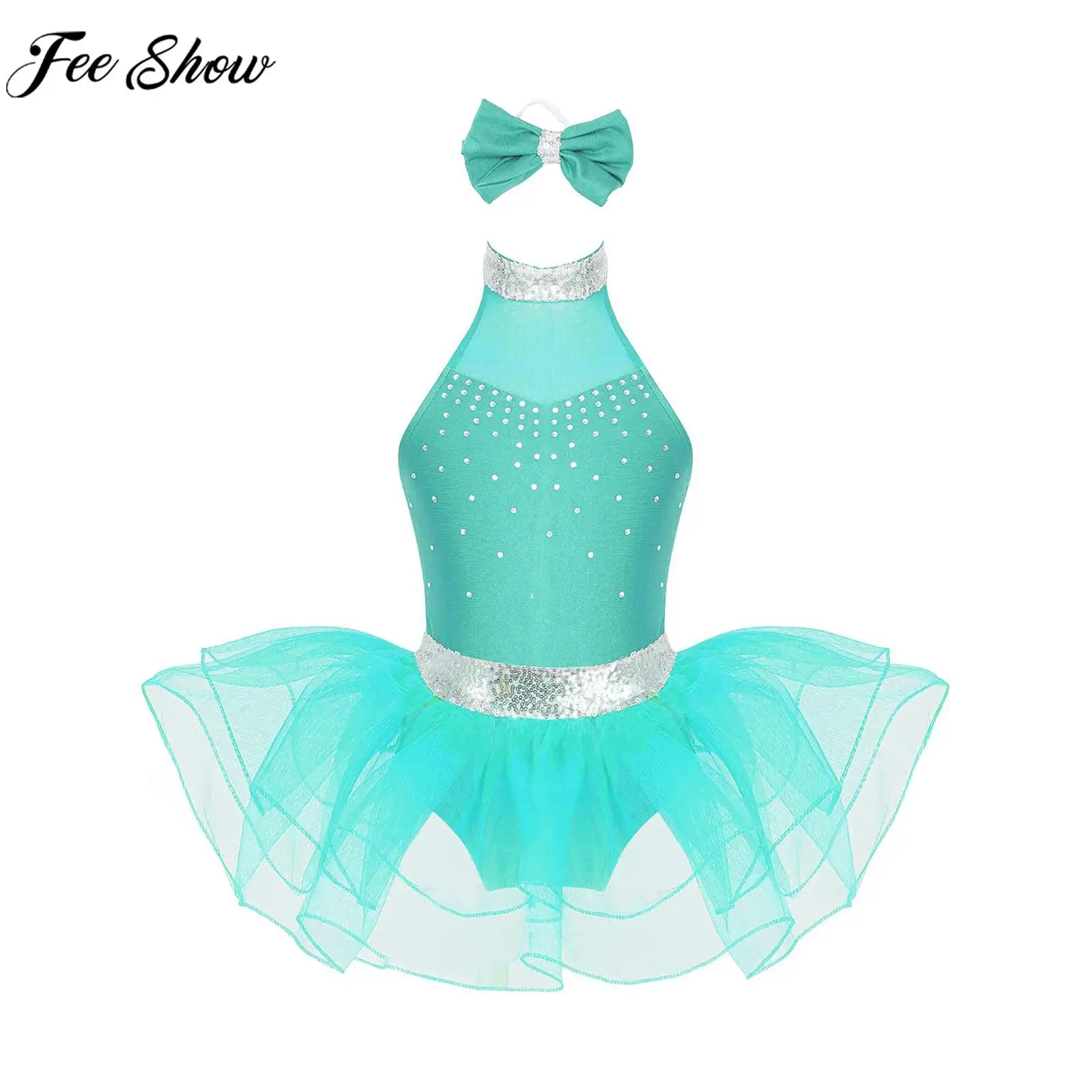 

Little Girls Sleeveless Backless Ballet Leotard Dress Sequin Rhinestone Decor Mesh Tutu Ballerina Swan Dance Show Dancewear