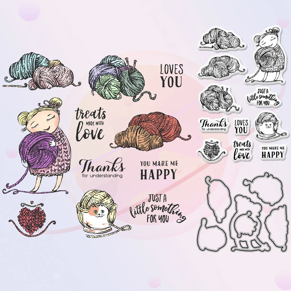 

Warm Winter Yarn And Girl DIY Cutting Dies Clear Stamp Set Scrapbooking Crafts Decor Metal Dies Stamps For Cards Album Diary