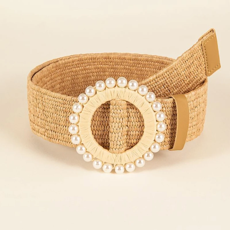 Vintage Boho Braided Waist Belts Summer Solid Female Belts Round Wooden Smooth Buckle Fake Straw Wide Belts For Women Hot Sale