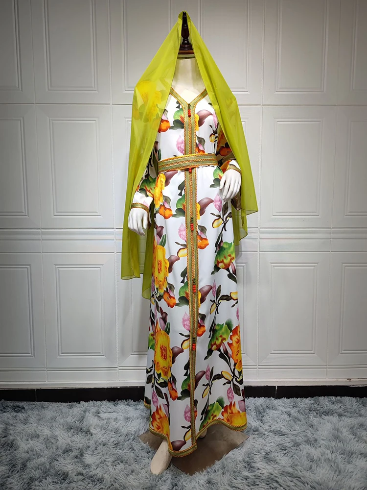 

White Floral Maxi Dress for Women Muslim Eid Tape Trim V Neck Long Sleeve Loose Arabic Oman Dubai Morocco Jalabiya 2022