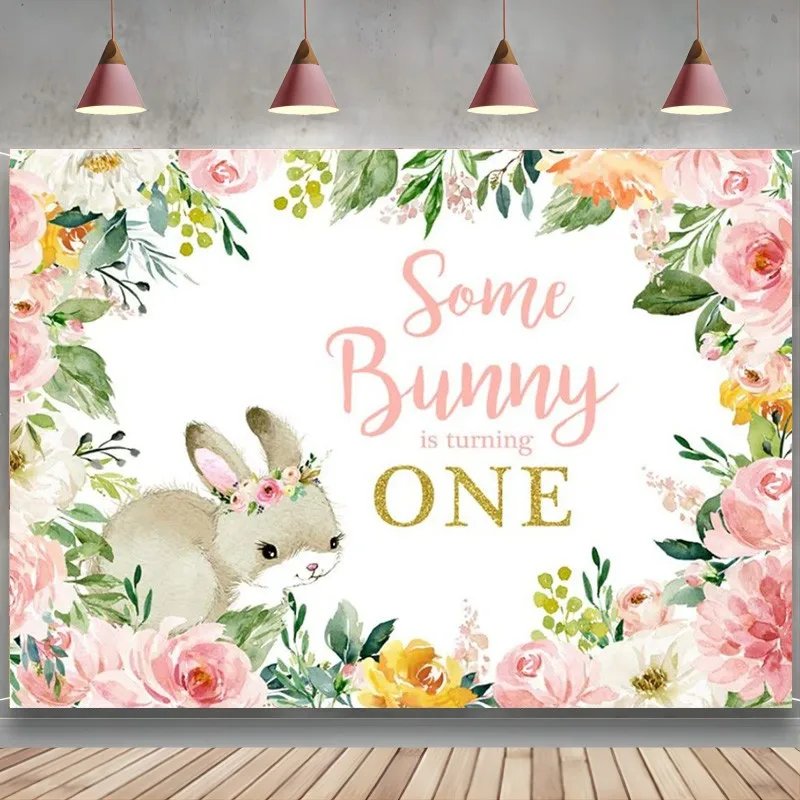 

Some Bunny is Turning One Backdrop Easter Pink Floral Background Princess Happy 1st First Birthday Party Decorations Banner