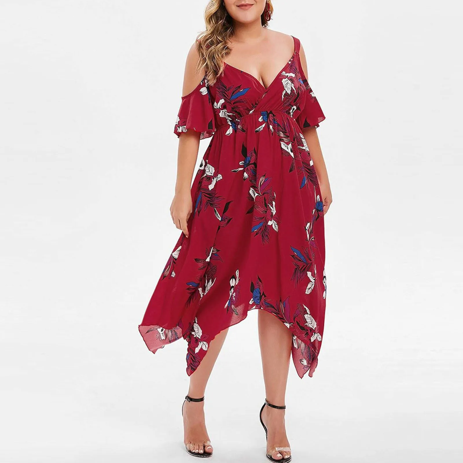 

Summer Dress Women's Open Shoulder Sexy V-neck Spaghetti Strap Floral Print Midi Dress Casual Boho Beach Sundress Size