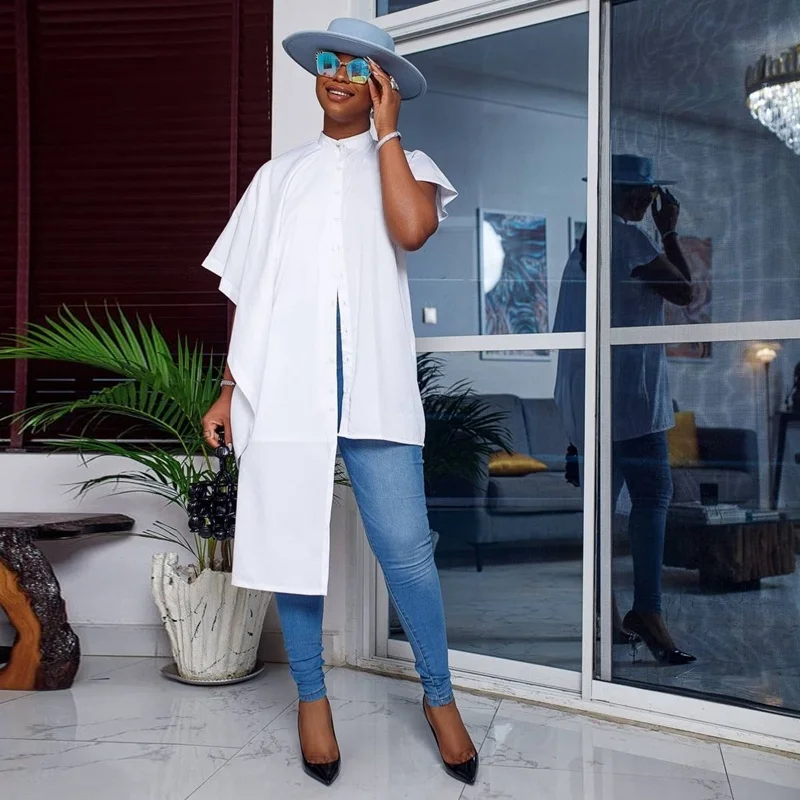 

Zoctuo White Oversized Shirt Short Sleeve Women Elegant Chic Woman Blouse Korean Casual Tunics Button Up Asymmetric Top Slit
