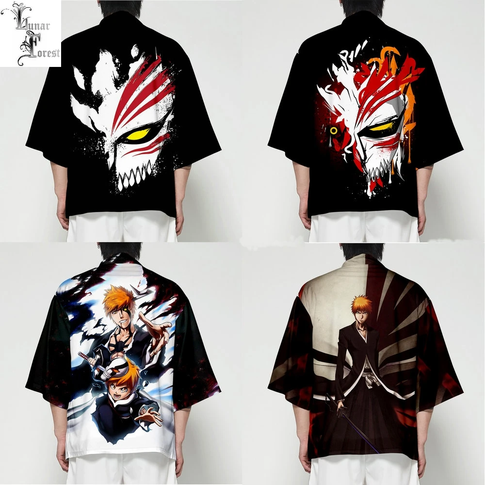 

Personality anime bleach kimono men women haori yukata cardigan kimono boy girl short sleeve shirt пляжная рубашка