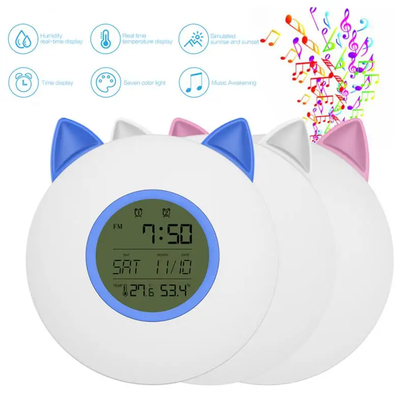 Universal Smart Wake-up LED Night Light Temperature Humidity Sensor Detectors FM Multi Function Colorful Night Light Alarm Clock