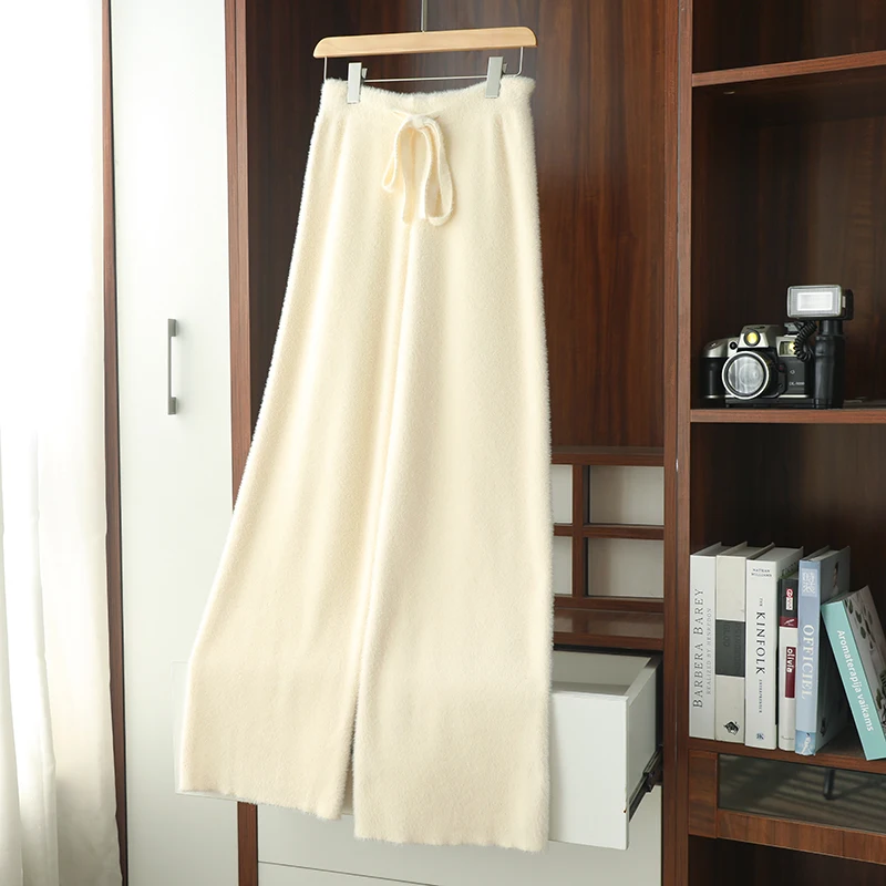 Женские широкие брюки из кашемира однотонные вязаные удобные мягкие длинные