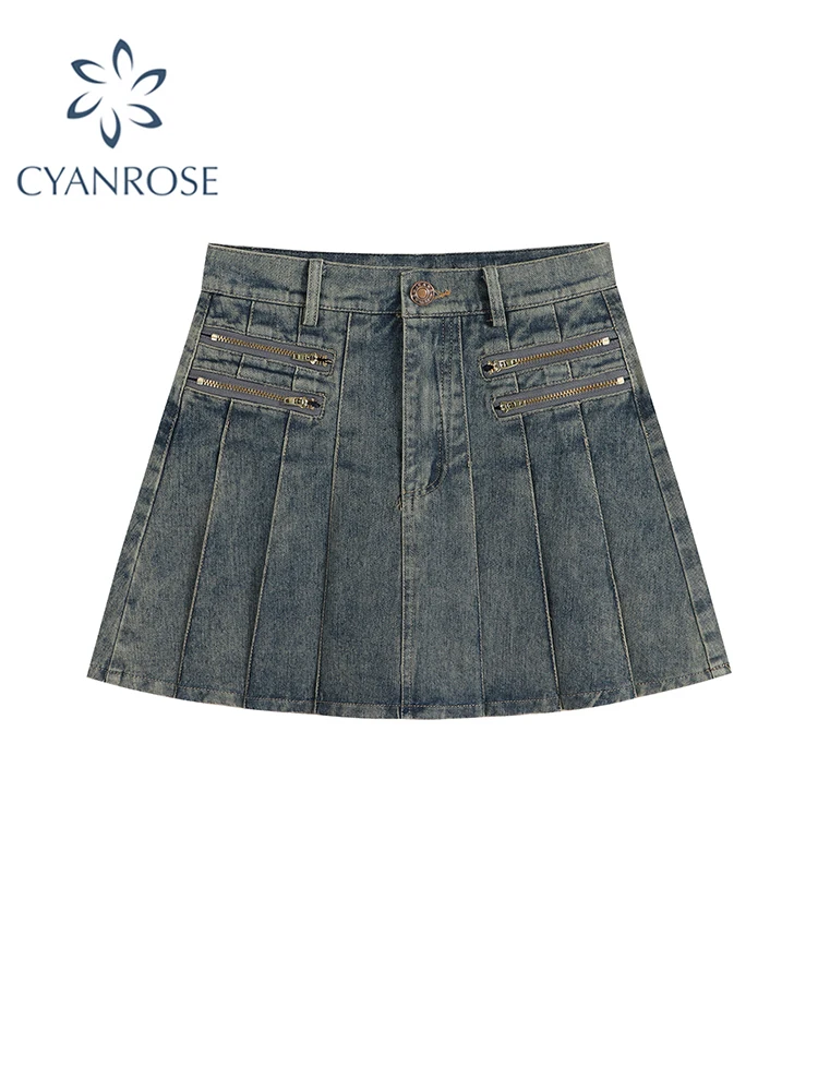 

Women Denim Pleated Skirt Vintage Y2k Short Skirt Harajuku Korean Style Casual Chic Fashion Blue A-line Mini Jean Skirt Summer