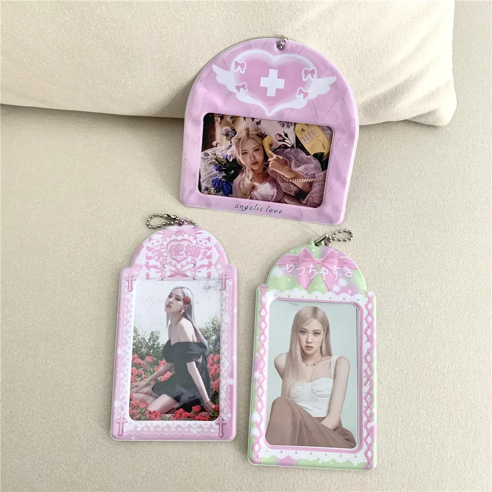 Cute Lace Bow Photocard Holder Keychain Kpop Idol Photo Sleeve ID Card Cover Student Bag Pendant Charm