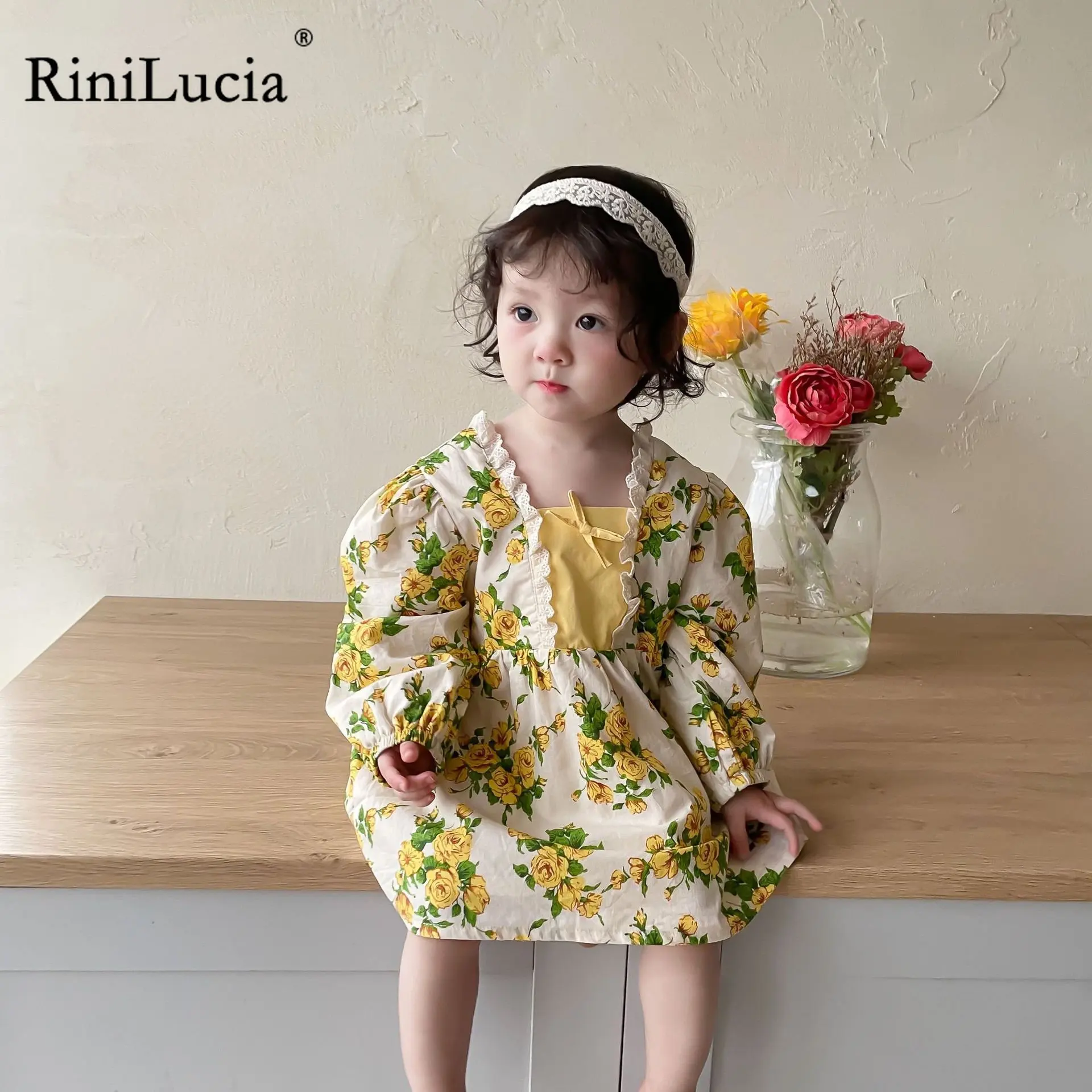 

RiniLucia Fashion Girl Princess Lace Square Collar Dress Autumn Toddler Child Floral Vestido Puff Sleeve Bowknot Baby Clothes