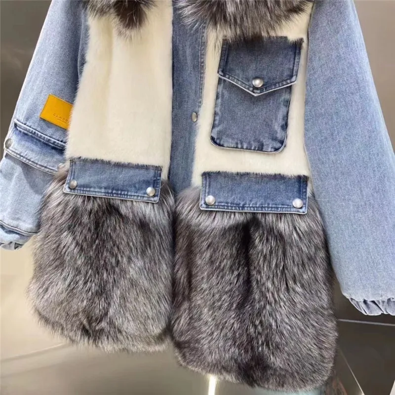 real mink fur coats for women denim parka patchwork natural silver fox fur hood jacket winter