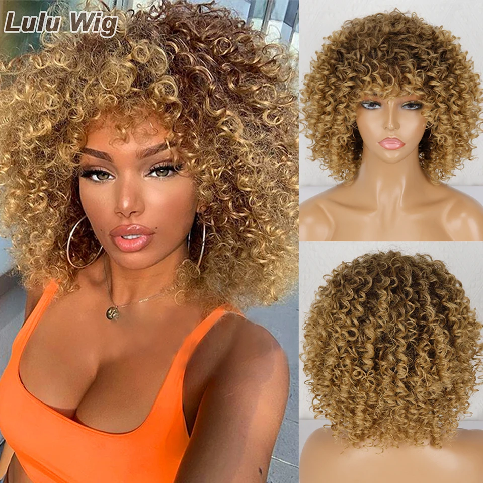 Short Curly Blonde Wig For Black Women Afro Kinky With Bangs Synthetic Natural Glueless Ombre Brown Cosplay | Шиньоны и парики