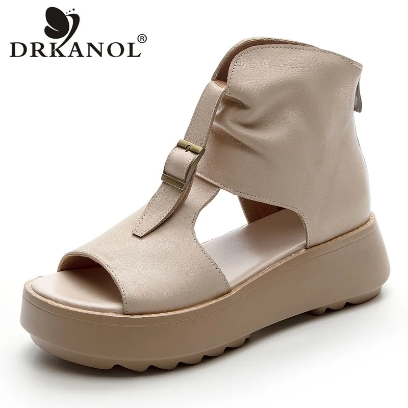 

DRKANOL Handmade Retro Platform Sandals Women Summer Open Toe Back Zipper Cool Boots Women Genuine Leather Casual Sandals H5002