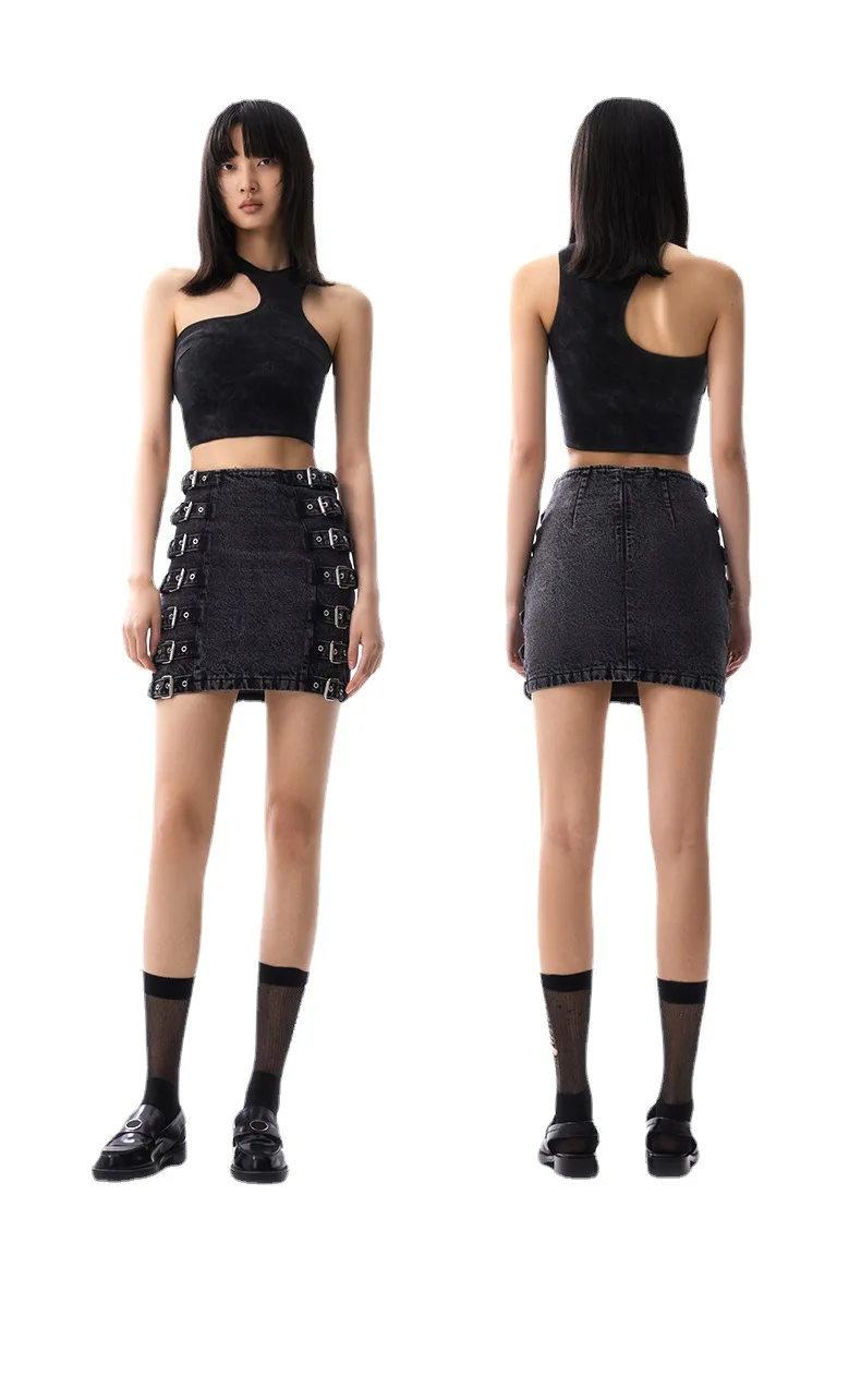 

22 Fashion Classic Trendy luxury designSummer Short Tank Top Cut Shoulder Strap Denim Skirt Hip Wrap Skirt Women