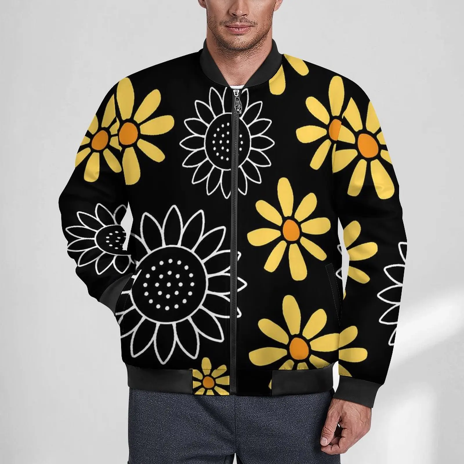 

Sunflower Pattern Casual Jackets Cute Flower With Pockets Windbreakers Male Graphic Coats Autumn Vintage Loose Jacket 5XL 6XL