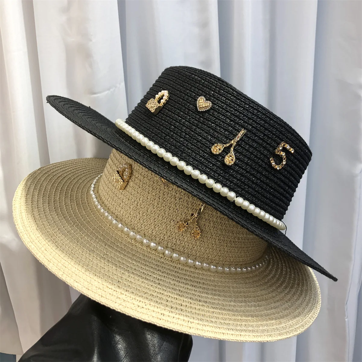 

Women's Rhinestone Pearl Straw Hat Summer Beach Sun Hat Street Elegant Flat Brim Bucket Hats Fashion Panama Lady Caps