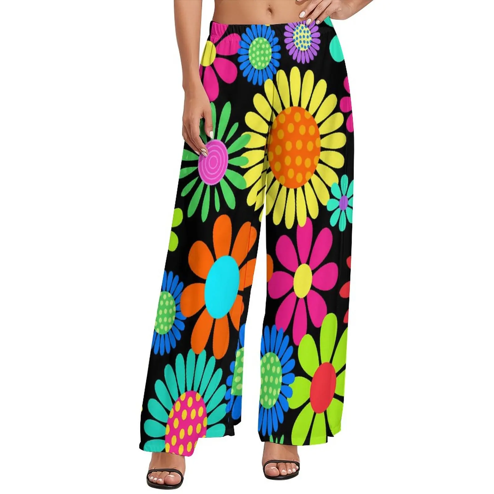 

Прямые брюки Flower Power, разноцветные цветочные повседневные широкие брюки, женские модные корейские брюки большого размера с графическим принтом