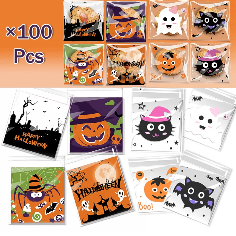 

100Pcs Halloween Candy Packaging Bags Pumpkin/Cat/Bat/Ghost/Spider Printed Snack Bags Party Biscuit Cookie Small Storage Bag