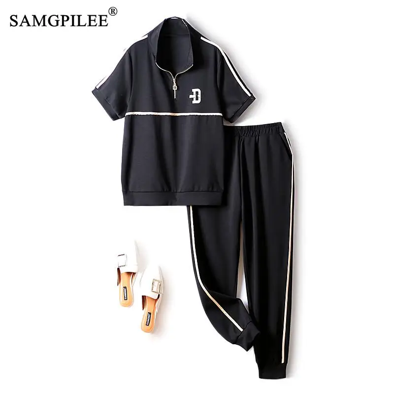 2 Piece Sets Womens Outfits 2022 Summer Suit Stand Collar Simple Line Patch Stand Collar Elastic Waist Pants Two Piece Set Women