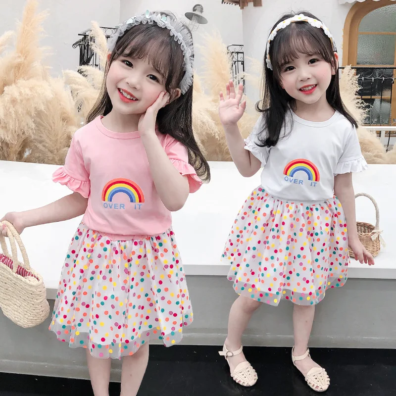 1 2 3 4 5 Years Baby Girls Clothing Sets Summer Cotton Rainbow Top + Mesh Skirt Little Princess Suit Birthday Party Kids Clothes