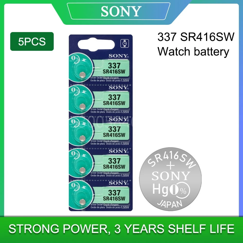 5PCS Sony 100% Original 337 SR416SW 1.55V Silver Oxide Watch Battery SR416SW 337 Button Coin Cell MADE IN JAPAN