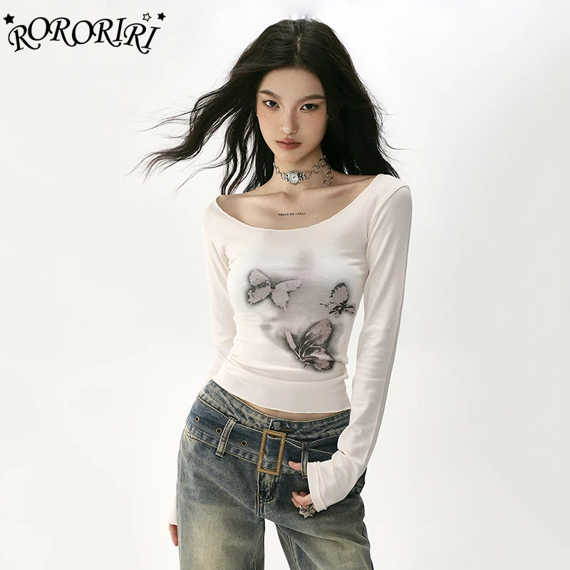 Футболка RORORIRI 90-х в стиле ретро с принтом бабочки длинными рукавами Женская
