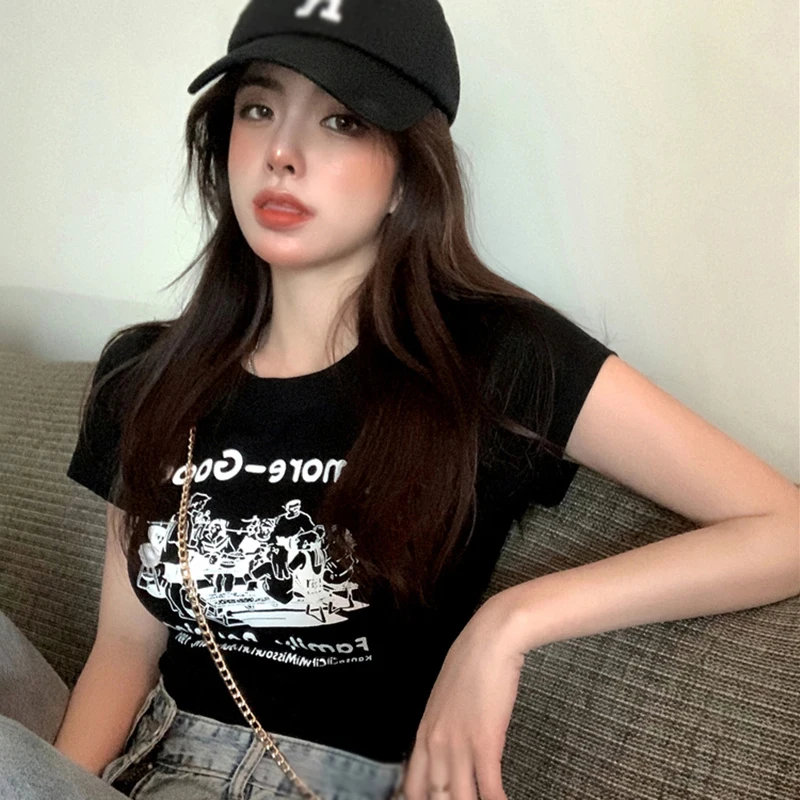 

Fashion Summer Short Style Casual Top Short-Sleeved Spring Street Style All-Match Round-Neck Slim Cartoon Print Design