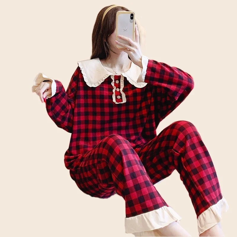 Women's Pajamas Set Full Sleeve Shirt Sexy Red Plaid Print Spring Cute Pyjama Loose Sweet Princess Homewear Cozy Sleepwear