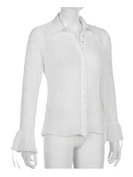 vintage white folds cute y2k shirts women elegant fashion flared sleeve button tops see through sexy mesh girl tees