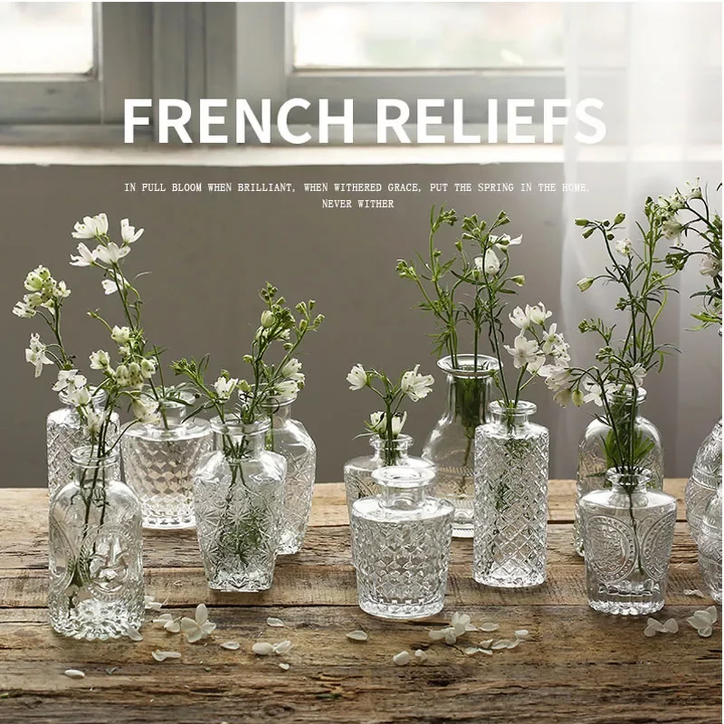 

NEW2023 Embossed glass transparent vase retro nostalgic small creative dried net red simple Nordic table decoration