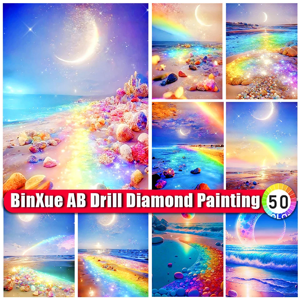 

BinXue 2023 New 5D DIY Scenery Rainbow Seaside Beach AB Diamond Painting Kit Moon Handmade Cross Stitch Mosaic Home Decor Gifts