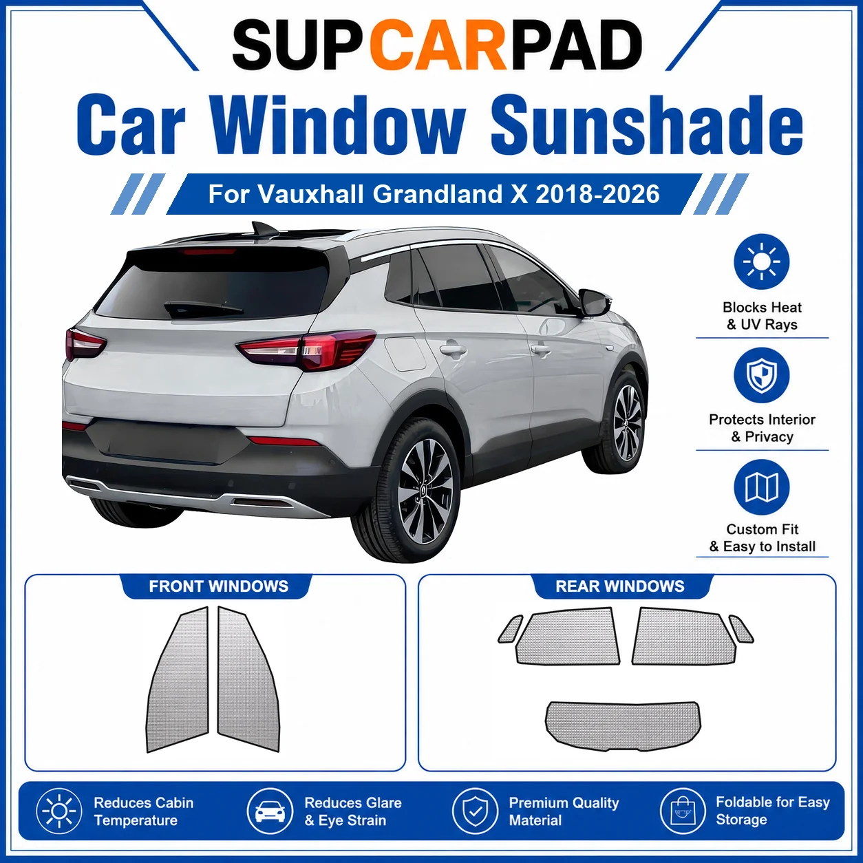 Фото Для Vauxhall - Vauxhall Grandland X 2018-2026: Полный комплект солнцезащитных шторок для окон автомобиля, блокирующих УФ-излучение, обеспечивающих конфиденциальность, теплоизоляцию, складные автомобильные шторки №1