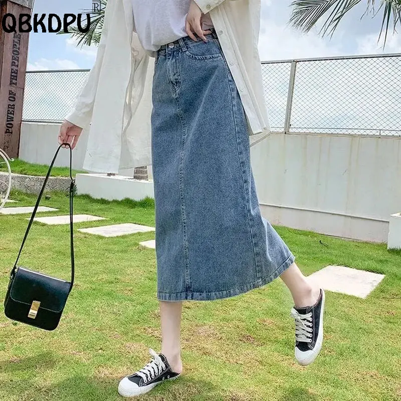 Summer Long Denim Skirt Women Oversize 5XL Korean Fashion Split Faldas Jean Mid-Length High Waist Skirts Blue Loose Cowboy Jupe