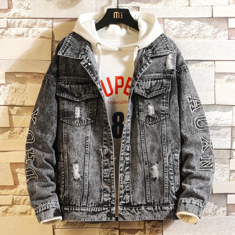 

Джинсовая куртка мужская повседневная, хлопковая модная, в стиле хип-хоп, с отложным воротником, стрейчевая одежда, пальто с принтом