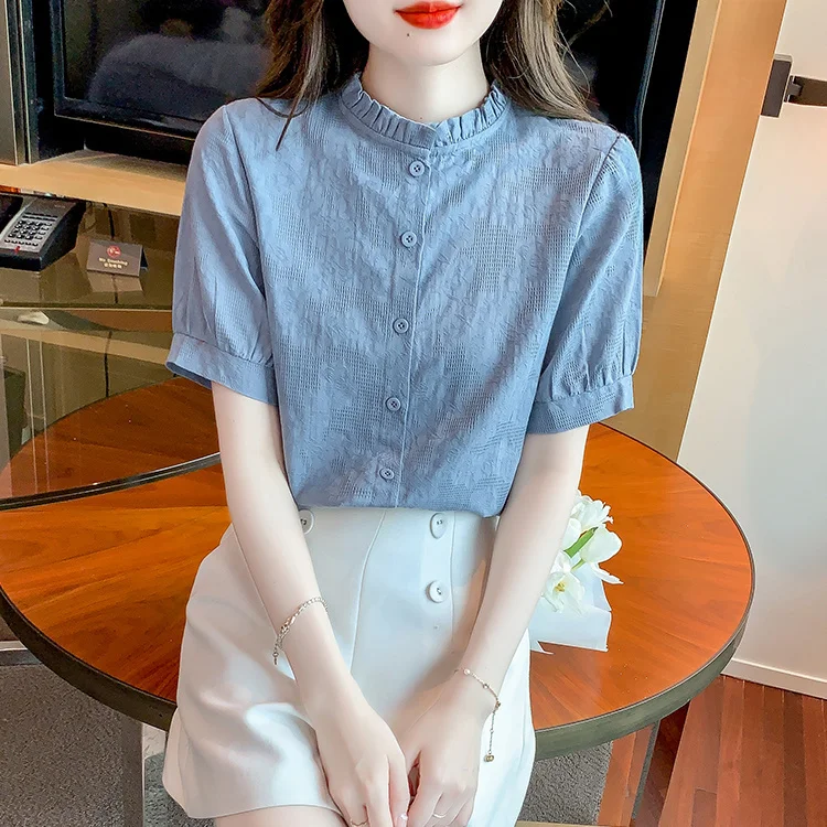 Летняя женская хлопковая блузка в иностранном стиле с коротким рукавом