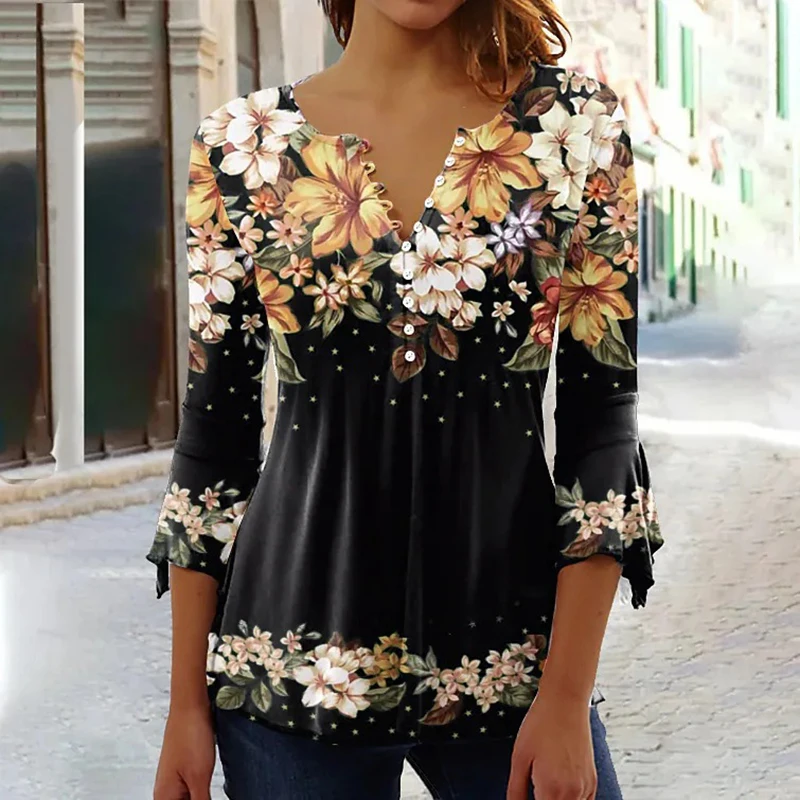 

Summer Fashion Floral Printed Women T-Shirts Casual Oversize Pullovers 3/4 Flare Sleeve Tops Elegant Loose Tees Roupas Femininas