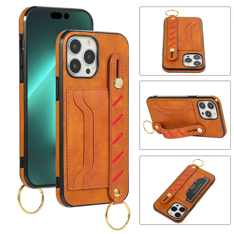 

Luxury Leather Card Cover for iphone 14 13 12 11 Pro Max Plus Mini X XS XR 7 8 Shock-proof Wristband Phone Case