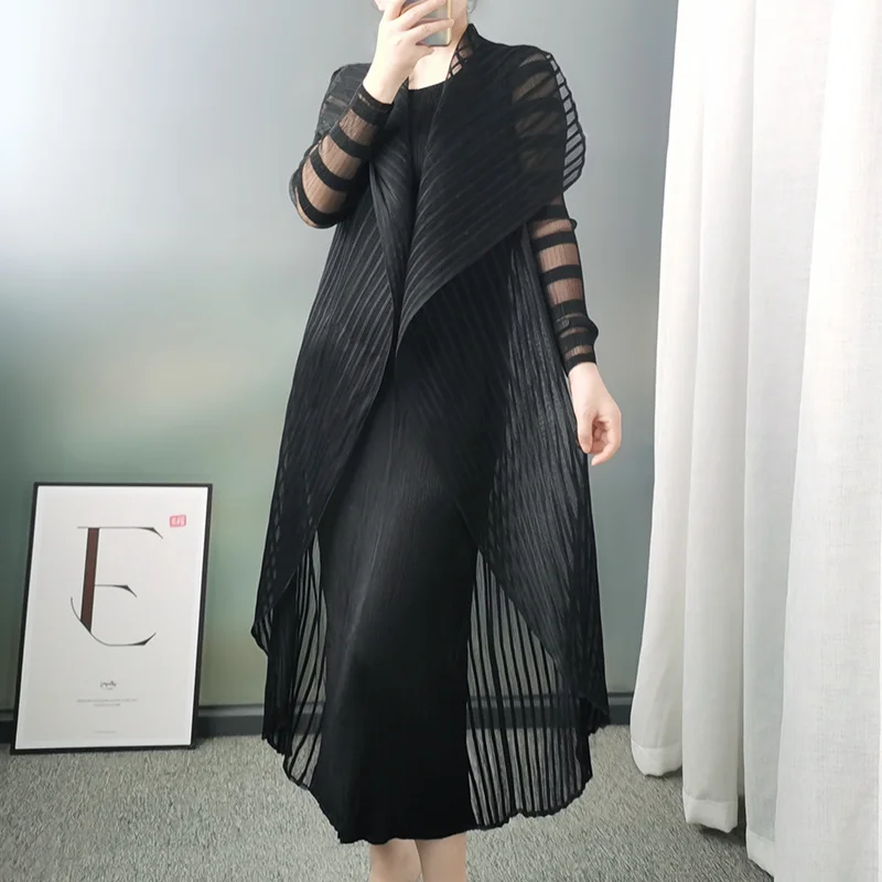

Miyake Pleated High Fashion Two Piece Sets Overall Vest Dress + French Lace Long Jacket Women Vintage Designer Aesthetic Clothes