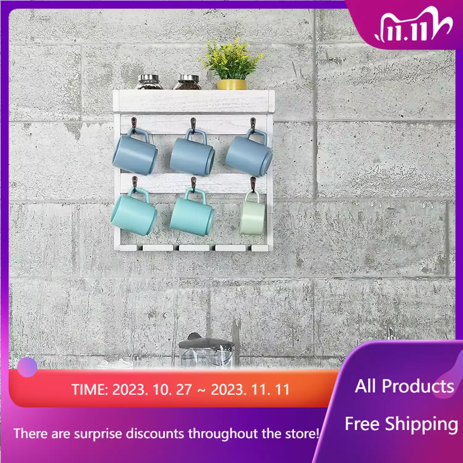 

Wall Mounted Wine Glass and Coffee Mug Storage Rack Shelf with 6 Metal Hooks, Gray White