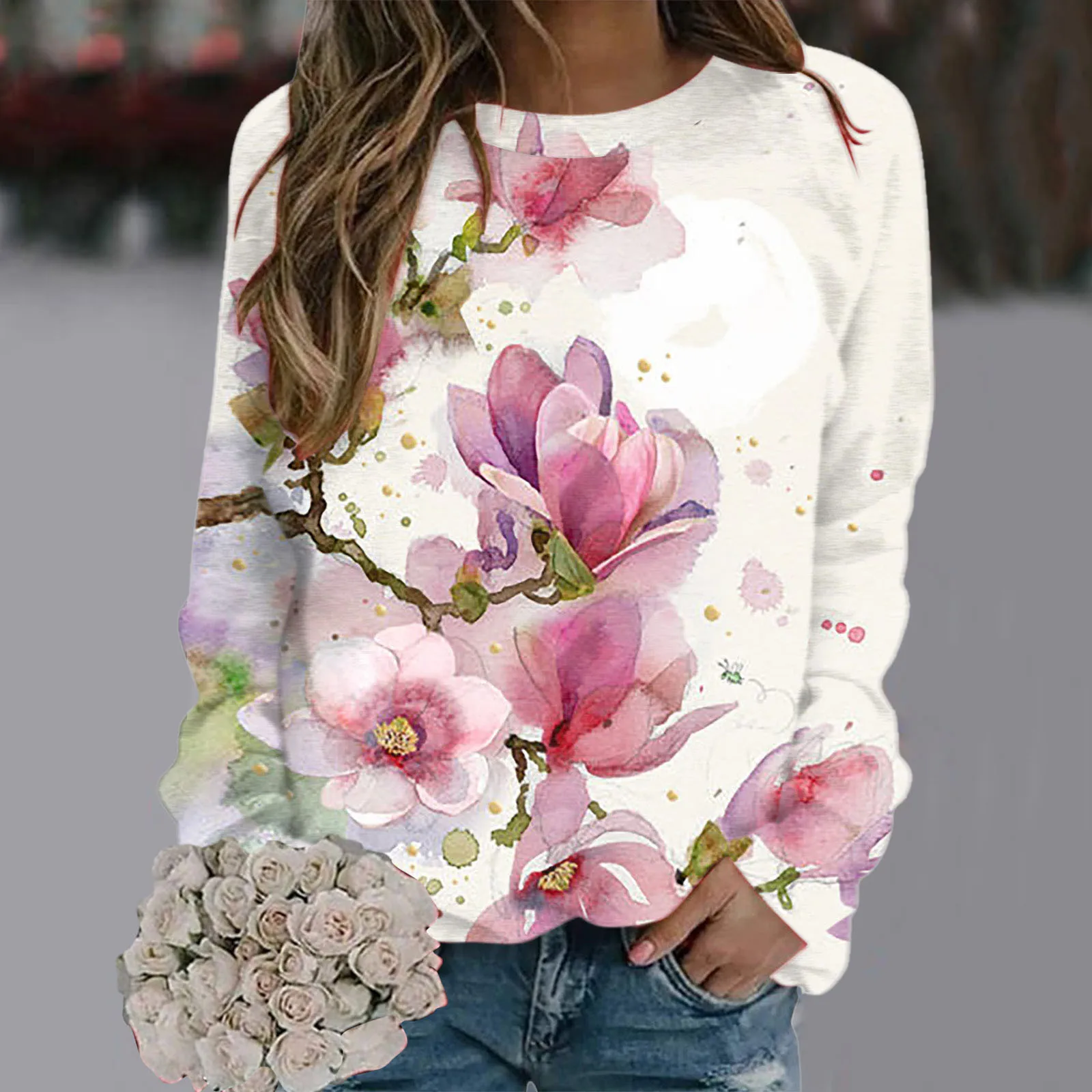 

Flower Print Sweatshirts Woman Casual O-neck Sweet Female Streetwear Novelty Long Sleeve Loose Top Harajuku Tracksuits Pullover