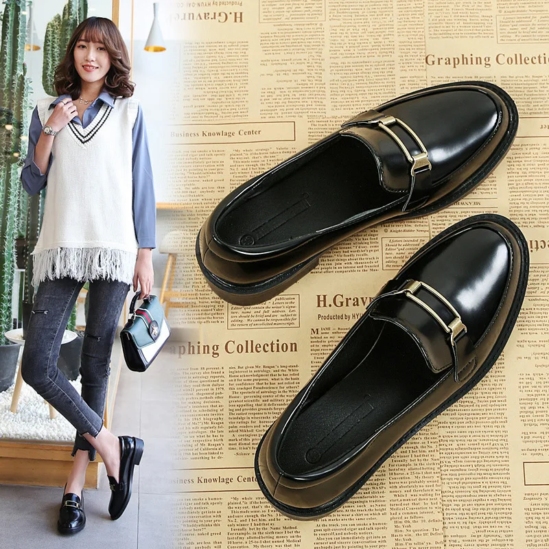 

Brand Square Metal Buckle Leather Shoes Women Round Toe Creepers Flats British Espadrilles Women Flat Loafers Shoes Mules