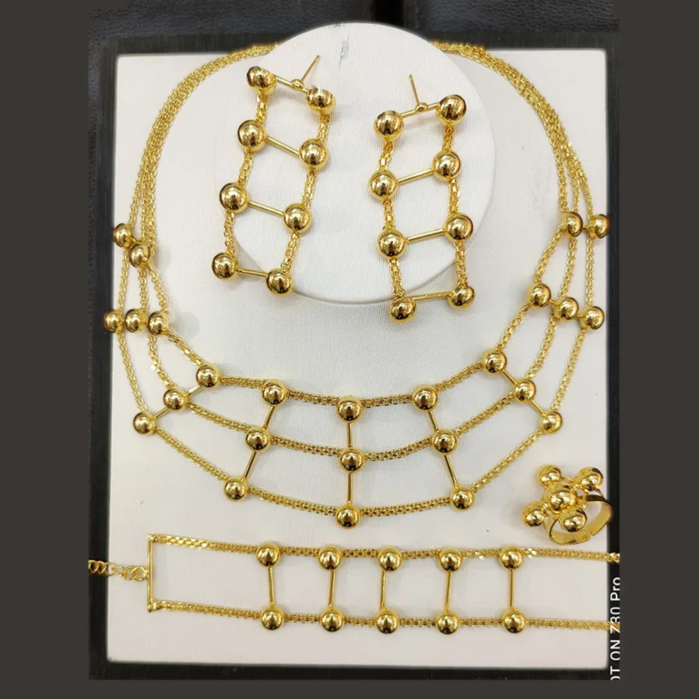 

Brazilian Fine Jewelry Set For Women Nigerian Wedding African Beads Gold Color Dubai Jewelry Bridal Long Necklace Accessory Gift