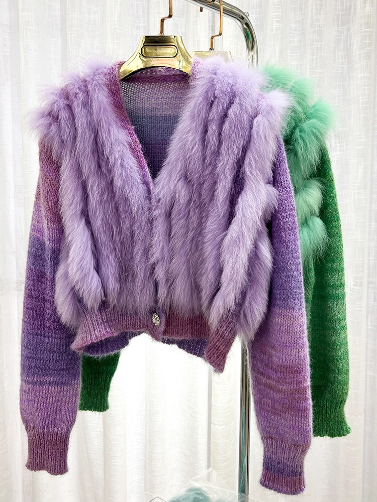 Women Fashion Real Fox Fur Strip Knitted Cardigans Sweater Retro V-neck Real Fur Trim Loose Autumn Spring Knitwear