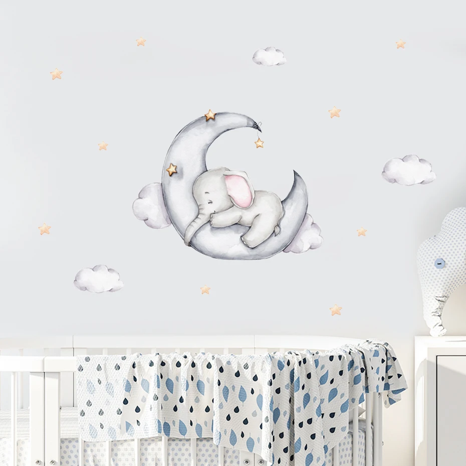 

Elephant Sleeps on the Moon Stars Watercolor Wall Sticker Nursery Vinyl Removable Wall Decals Girl Baby Room Interior Home Decor