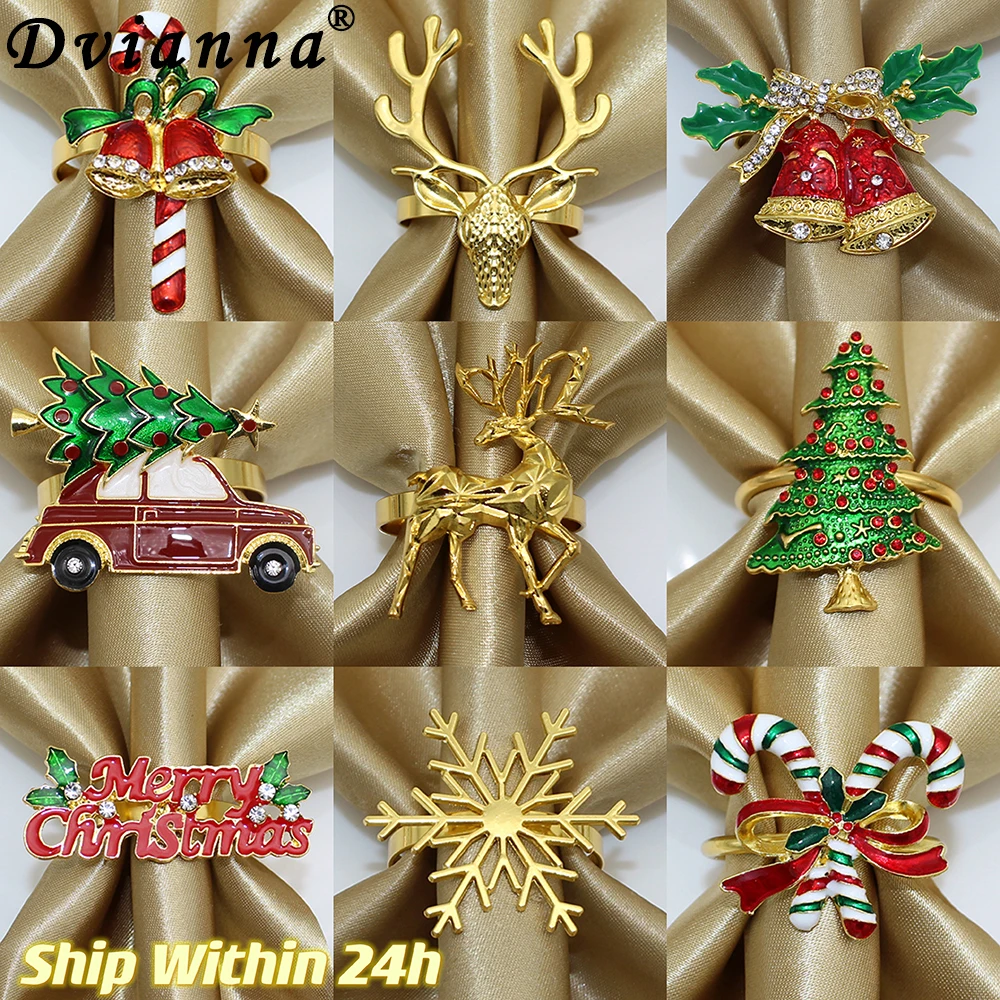 

6Pcs Christmas Napkin Rings Xmas Table Decoration Reindeer Tree Bell Elk Santa Napkin Holders for Home Wedding Decor