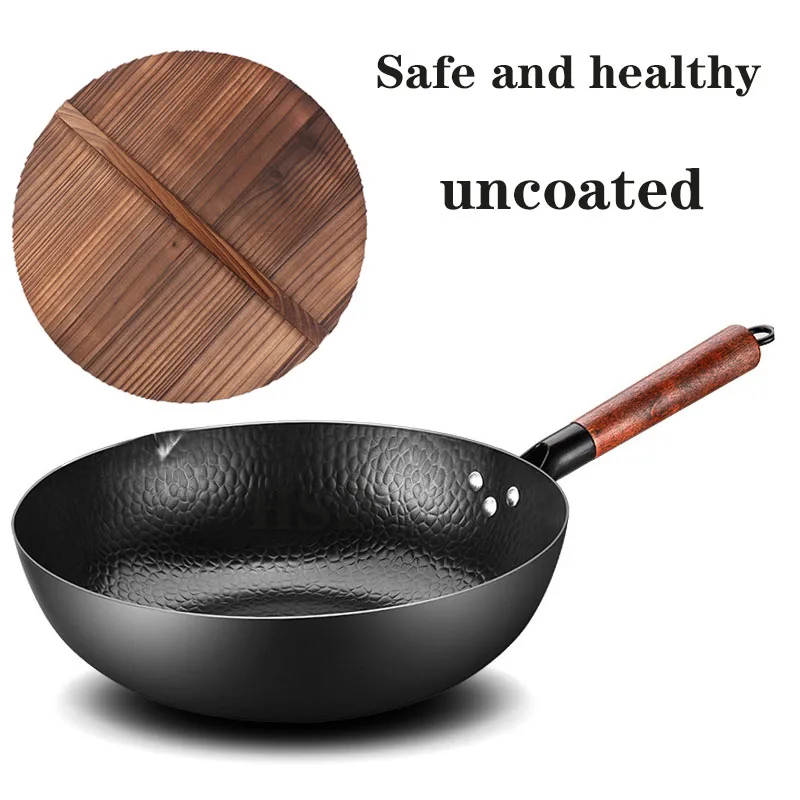 

Traditional Wooden Lid Iron Pan Frying Pan Uncoated Health Frying Pan Non-stick PanGas Stove Induction Cooker Universal Iron Pan