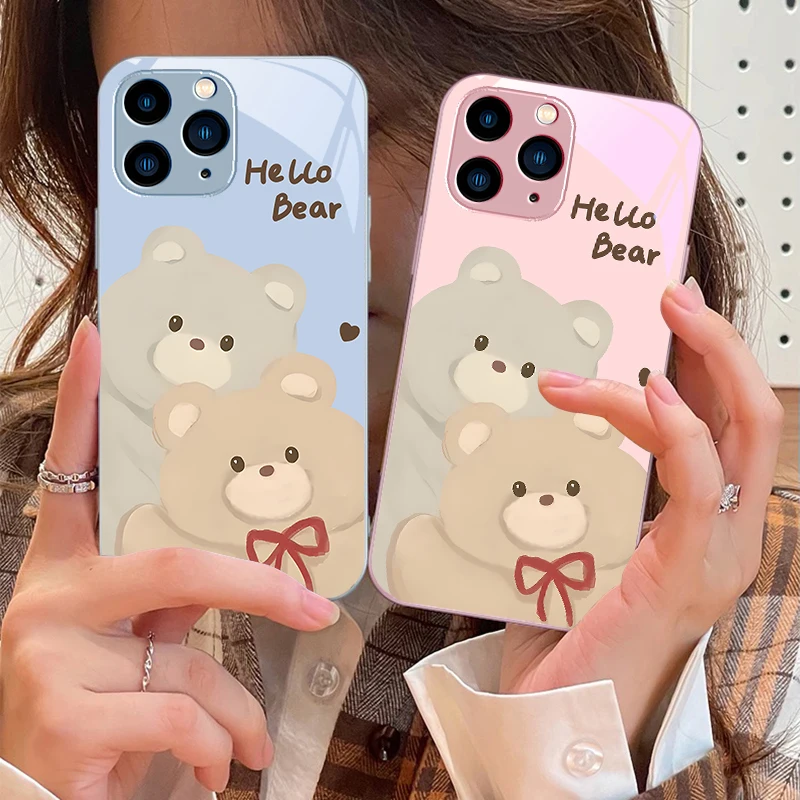 Розовый чехол для телефона из закаленного стекла с граффити Bear iPhone 16 Pro Max 15 14 13 12